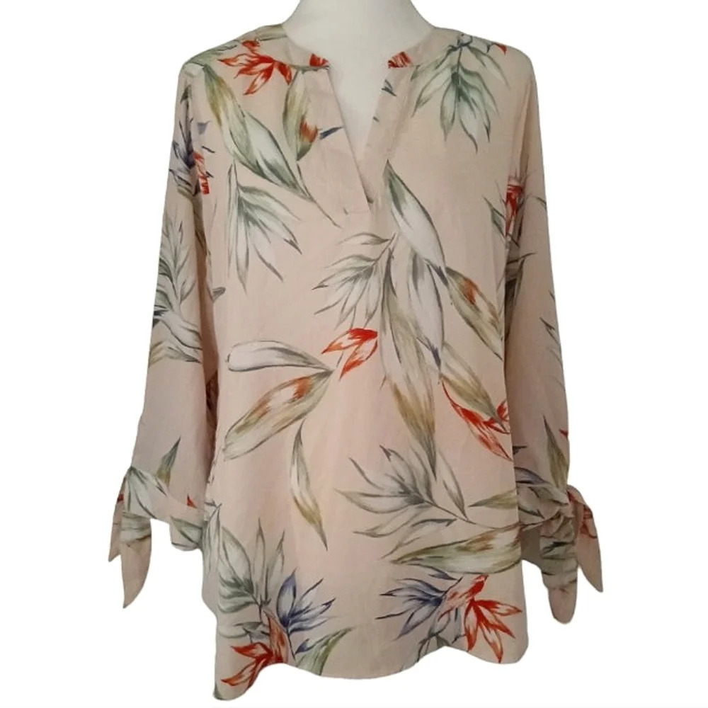 Zac & Rachel Blush Tropical Botanical Print 3/4 Sleeve Tie Detail Size Large